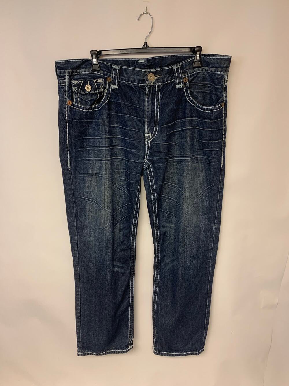 True Religion Jeans Dark Blue Wash Straight Leg Distressed Whiskering Mens SZ 42 - Picture 1 of 12